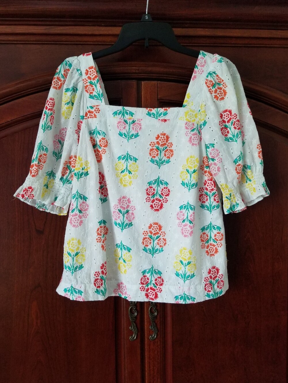 Draper James RSVP Eyelet Floral Puff-Shoulder Top Size S